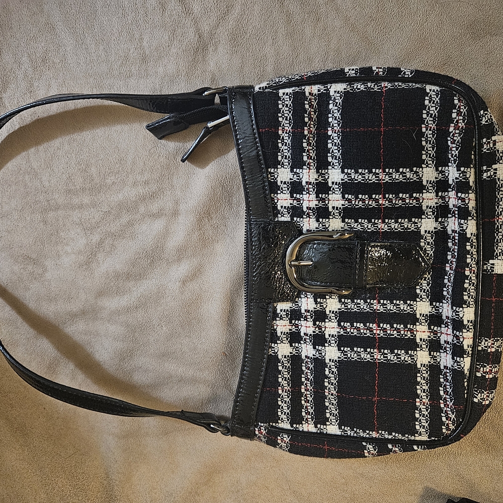 Talbots Black and White Shoulder Bag with Plaid Pattern and Adjustable Strap